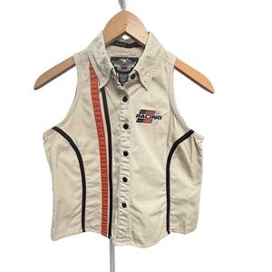 Y2K Harley Davidson Tan Cotton Biker Vest Cropped Moto Top Medium Gorpcore